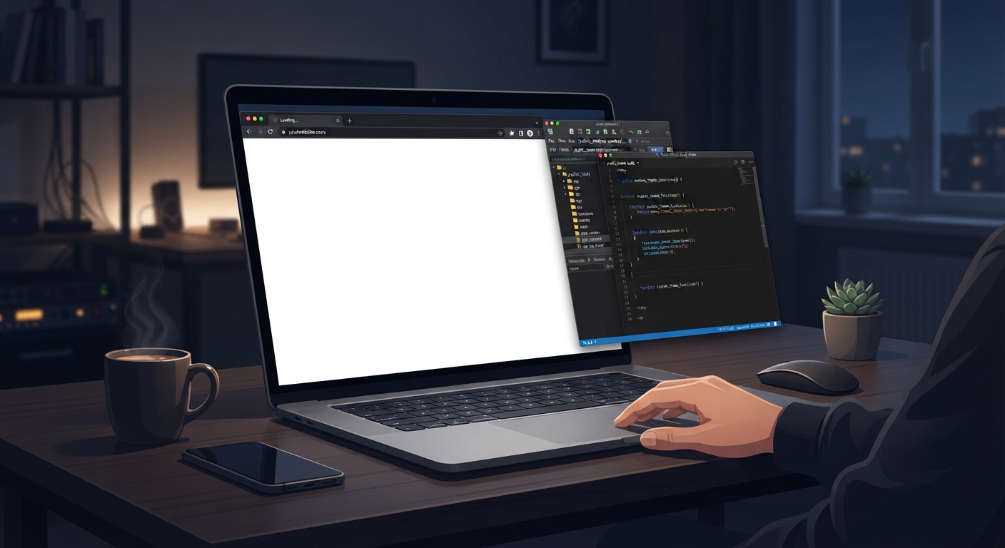 WordPress beyaz ekran hatası (WSOD) yaşayan bir kullanıcının laptop ekranı. Tarayıcıda tamamen boş, bembeyaz bir WordPress sitesi sayfası açık. Ekranın sağ tarafında hafifçe görünen bir FTP istemcisi ve kod editörü penceresi var. Arka planda loş bir çalışma odası ışığı. Görsel çözüm sürecinin başlangıcını temsil ediyor.