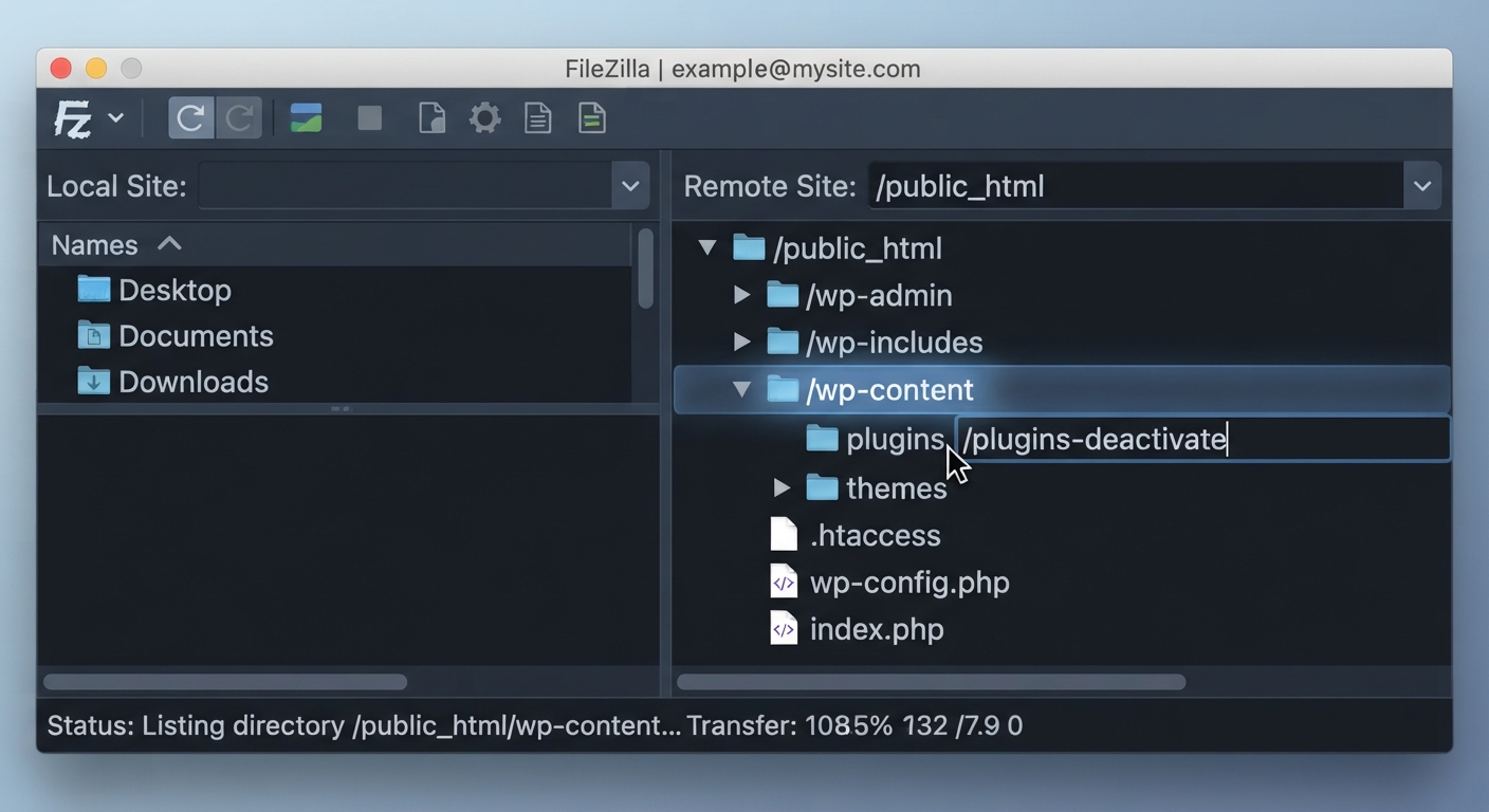 WordPress dizin yapısını gösteren bir FTP istemcisi (FileZilla) arayüzünün yakın çekimi. "public_html" klasörü genişletilmiş, "wp-content", "plugins" ve "themes" klasörleri vurgulanmış. İmleç "plugins" klasörünün ismini "plugins-deaktive" olarak değiştirmek üzere. Teknik ve açıklayıcı bir ekran görüntüsü stili.