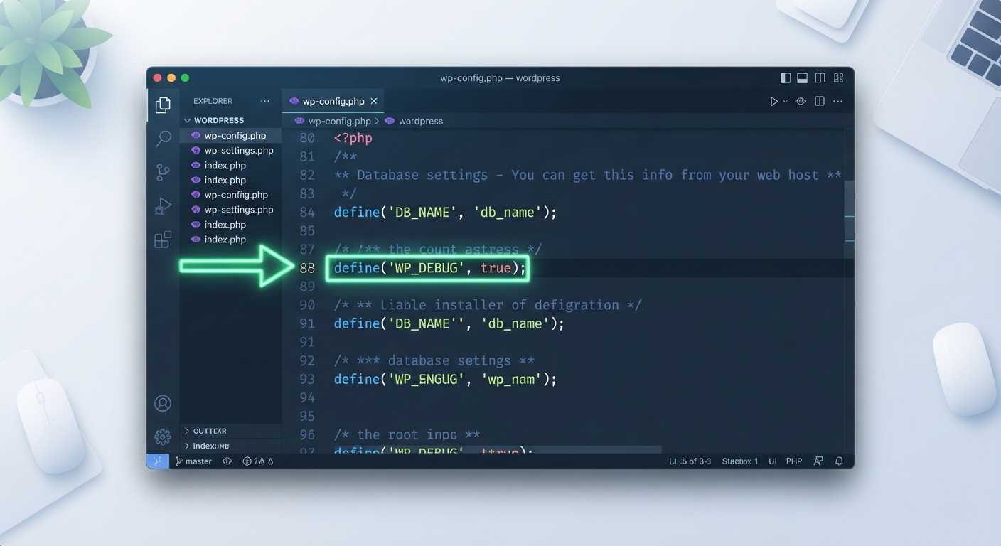 WordPress hata ayıklama modunu (WP_DEBUG) true olarak ayarlayan bir kod editörü (VS Code) ekranı. `wp-config.php` dosyası açık, ilgili satır `define('WP_DEBUG', true);` floresan yeşili bir ok ile işaretlenmiş. Kod sözdizimi renklendirmesi mevcut, modern ve temiz bir kodlama arayüzü.