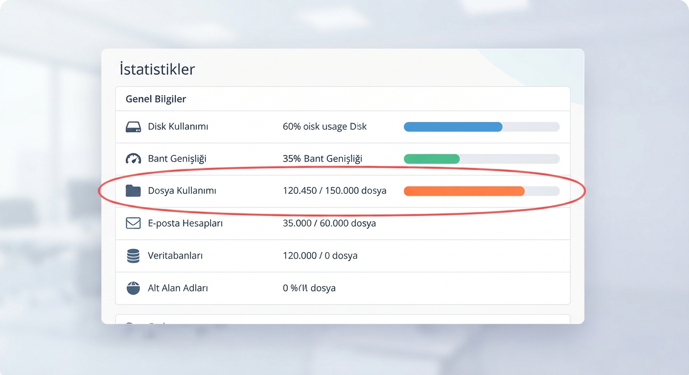 cPanel istatistikler paneli ekran görüntüsü. 'Dosya Kullanımı' satırı kırmızı bir daire ile vurgulanmış. '120.450 / 150.000 dosya' yazıyor. İlerleme çubuğu 'i gösteriyor ve turuncu renkte. Modern Türkçe arayüz.