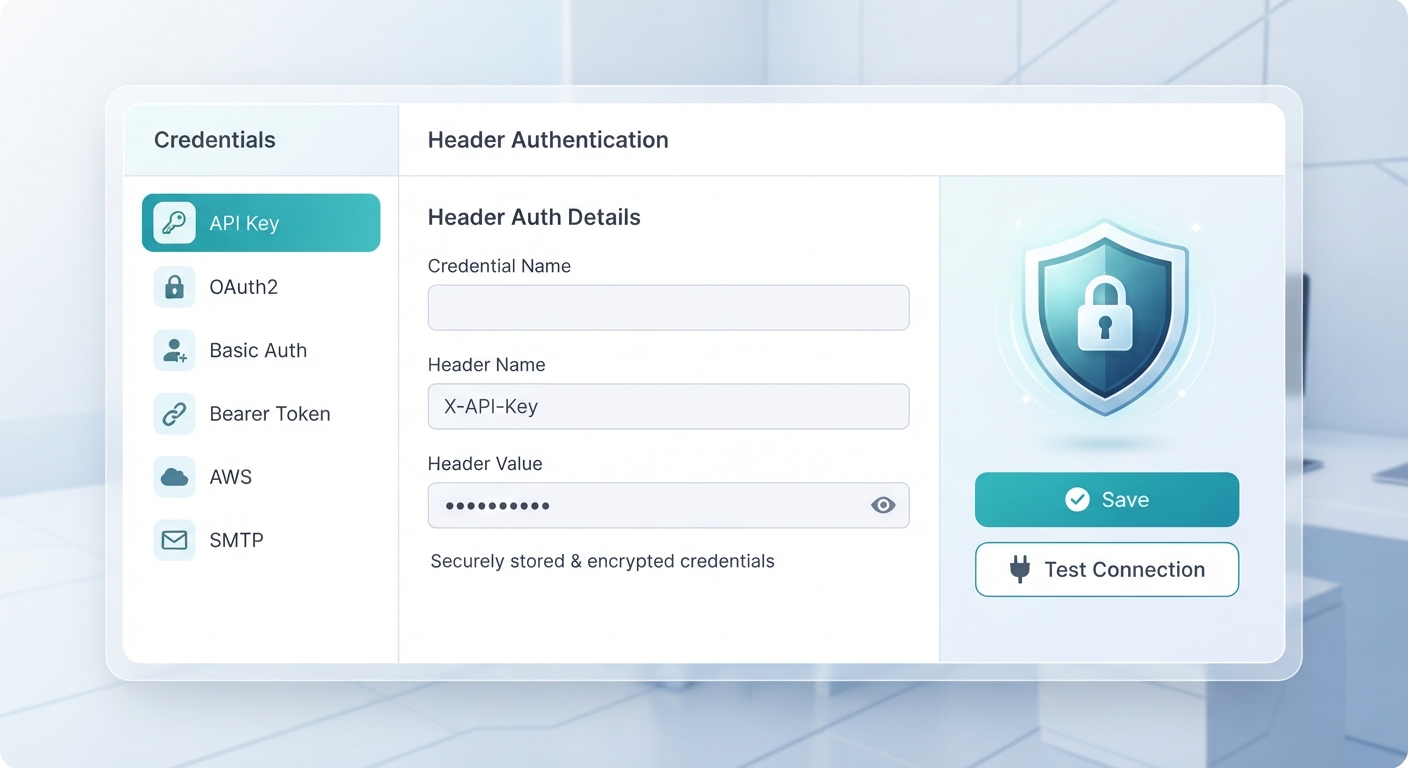 n8n api entegrasyonu - n8n Credentials yönetim ekranı. Solda farklı credential tipleri listeleniyor, or