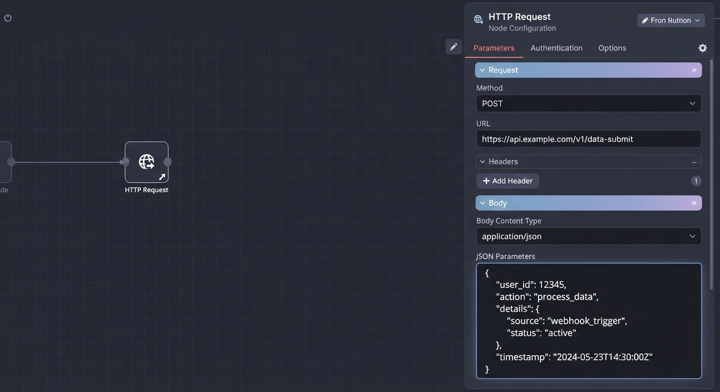 n8n api entegrasyonu - n8n arayüzünde HTTP Request düğümünün yapılandırma ekranı. Ekranda Method alanı