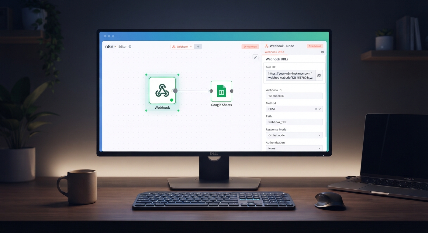 n8n api entegrasyonu - n8n editöründe Webhook düğümü aktif edilmiş. URL kutusunda benzersiz bir test we