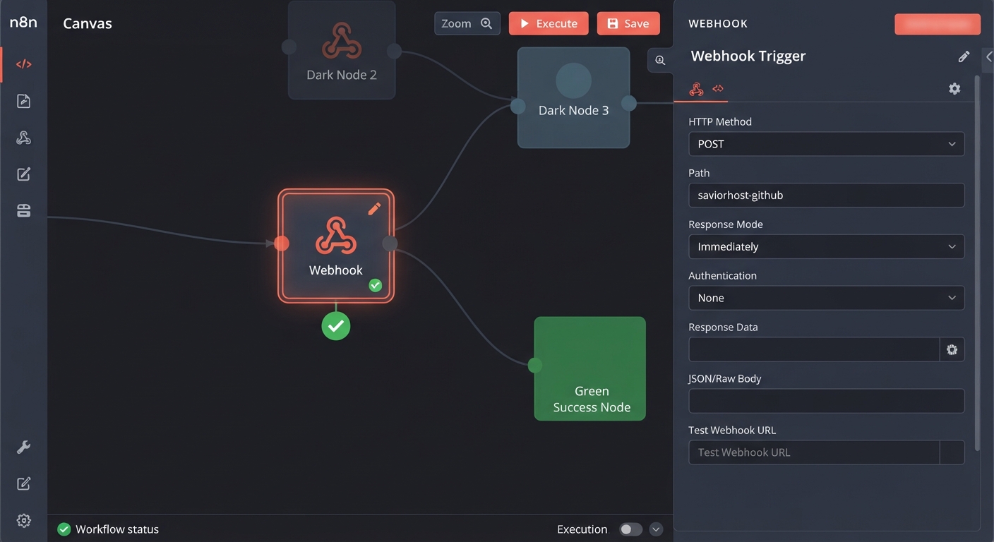 n8n workflow canvas ekran görüntüsü. Webhook trigger node'u seçili, sağ panelde yapılandırma ayarları görünüyor. HTTP Method: POST, Path: "saviorhost-github", Response Mode: "Immediately". Node'un altında yeşil bir onay işareti. Koyu tema, modern arayüz. n8n'in karakteristik turuncu-kırmızı renk vurguları. Yüksek çözünürlüklü UI screenshot stili.