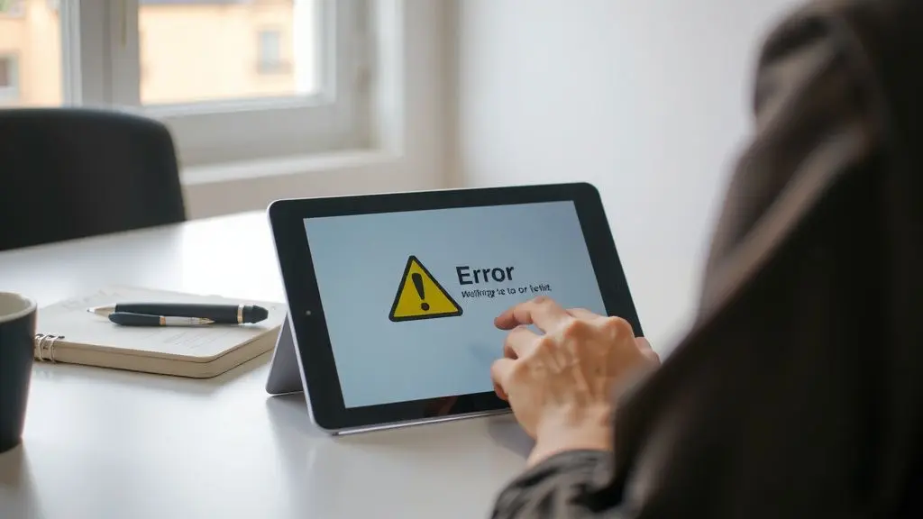 Tablet üzerinde web sitesi hata mesajını inceleyen kişi