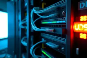 Sunucu rafında HTTP/3 UDP trafiğini simgeleyen parlak turuncu ağ kablosu