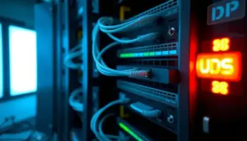 Sunucu rafında HTTP/3 UDP trafiğini simgeleyen parlak turuncu ağ kablosu
