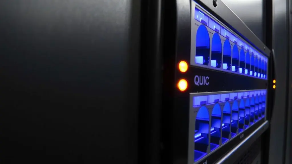 Sunucu odasında HTTP/3 trafiğini gösteren parlak LED'li ağ anahtarı